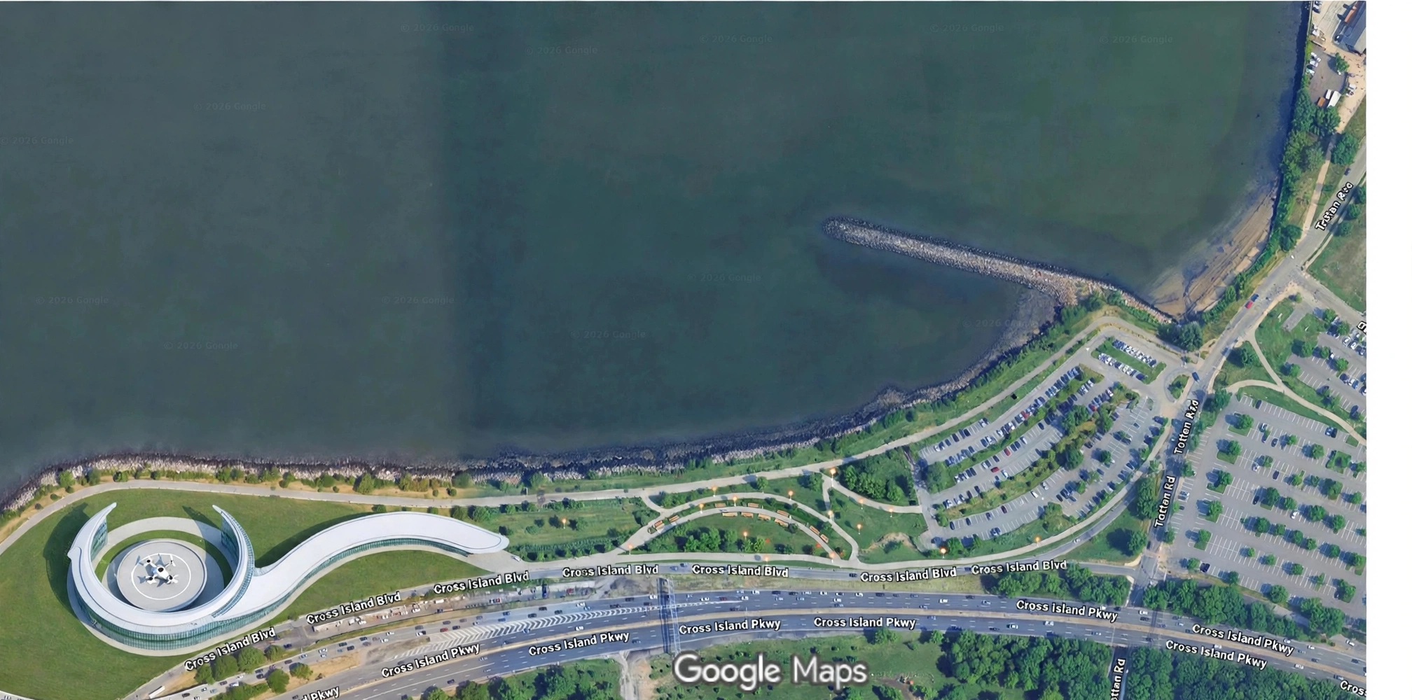 Aerial view of the proposed vertiport at the entrance of Little Bay Park, Bayside, Queens