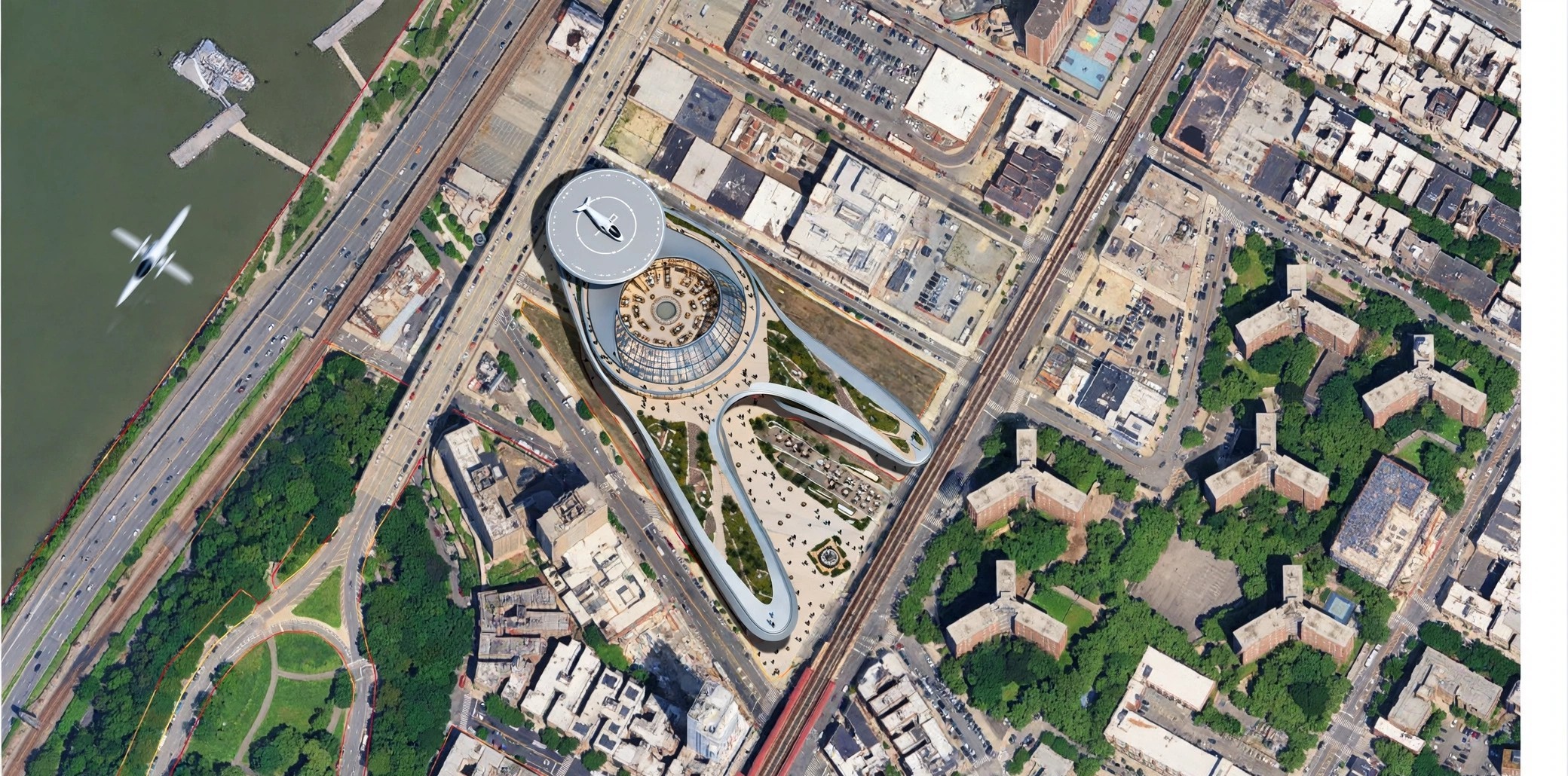 Rendering of the proposed Harlem Skyport vertiport on the Hudson River
