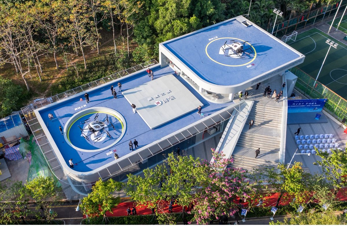 EHang air taxi hub in Shenzhen, China, with aircraft on its rooftop pads
